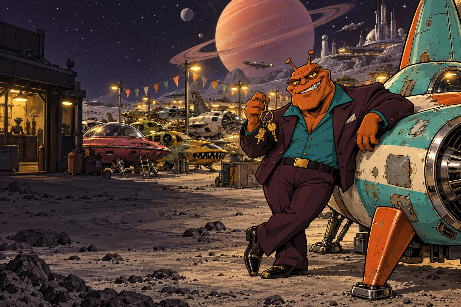 An orange alien salesman with a battered turquoise rocket at a lunar spaceship dealership